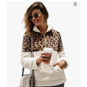 Womens Long Sleeve Warm Fuzzy Leopard Print Fleece Pullover Top